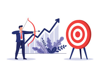 Modern flat vector illustration of businessman hitting target with arrow and upward growth chart, goal achievement and performance concept © Amie