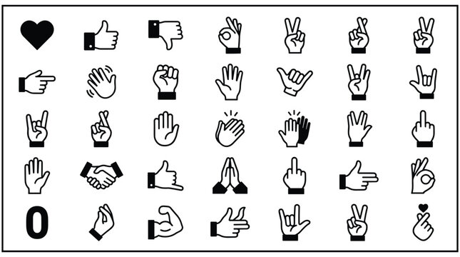 Collection of hand gestures and signs on white background