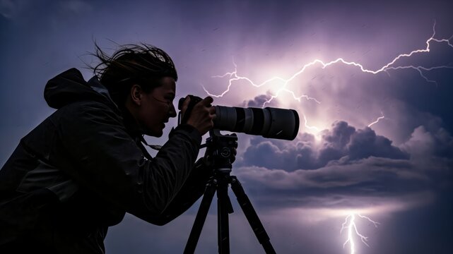Female Storm Chaser Photographing Lightning Strike with Professional Camera and Tripod