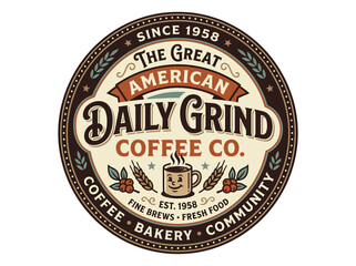 Obraz premium Retro American Coffee Shop Signboard Vector Illustration with Vintage Daily Grind Logo and Bakery Community Theme in Flat Design View
