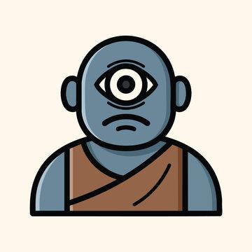 A cartoon-style cyclops. The blue-skinned figure with a single, large eye wears a brown, sleeveless tunic and has a slightly grumpy expression