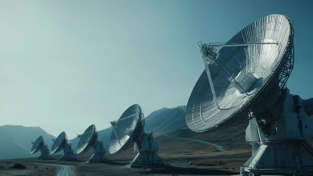 Array of large satellite dishes on barren mountain slopes under a clear blue sky, forming a remote radio observatory collecting deep space data for astronomy and scientific research