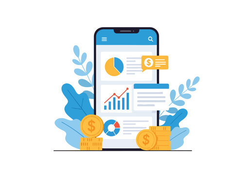 Modern flat vector illustration of fintech mobile banking app with charts and digital payment icons, financial technology business concept
