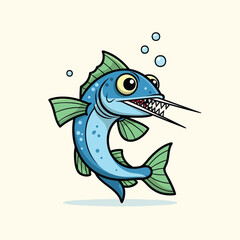 Fototapeta premium A cartoon-style illustration of a fish with a curved body, big eyes, sharp teeth and long 