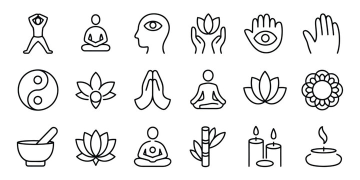 Yoga, meditation, and mind relax editable stroke outline icon, isolated on white background, flat vector illustration of person in lotus pose, mindfulness, and relaxation for wellness and mental 