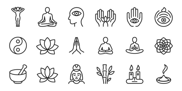 Yoga, meditation, and mind relax editable stroke outline icon, minimal flat vector illustration representing mindfulness, meditation practice, and mental well-being for apps, wellness programs, 