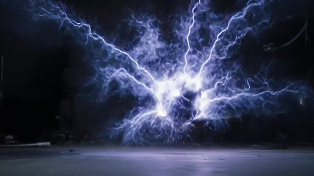 Powerful electromagnetic discharge creating a glowing plasma field and bright electrical sparks, symbolizing energy, power, and high voltage in a dynamic abstract display on a dark background