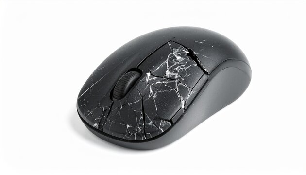 Broken Computer Mouse with Cracked Black Body Isolated on White Background