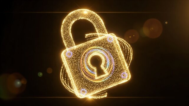 Glowing digital padlock icon for quantum cryptography and secure blockchain data encryption