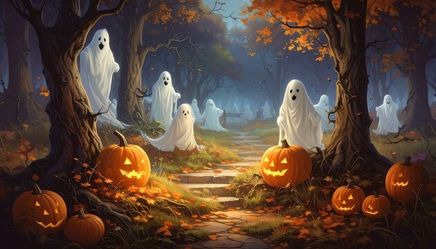 A spooky forest scene with ghosts and pumpkins on a path