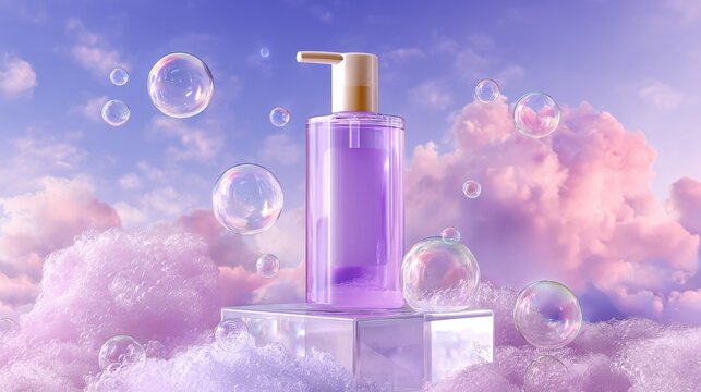 Liquid soap dispenser on cloud pedestal with floating soap bubbles