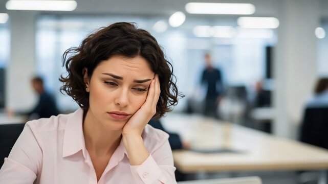 Stressed Caucasian Woman Experiencing Workplace Burnout and Mental Fatigue in Modern Office