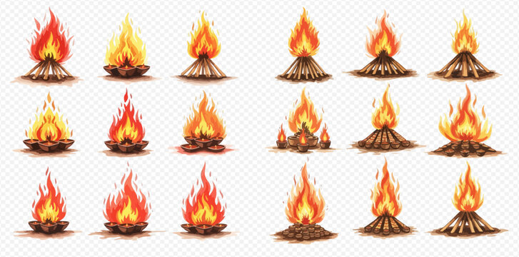 Set of realistic campfire illustrations with burning logs and bright flames on a transparent background.