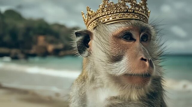 Monkey Wearing a Golden Crown on a Tropical Beach