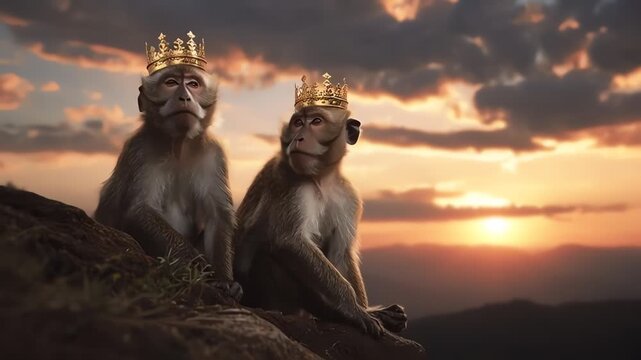 Two Macaque Monkeys with Golden Crowns Sitting on a Cliff at Sunset