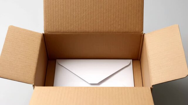 Open Cardboard Box with White Envelope Inside on Neutral Background