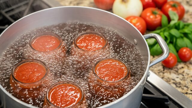 Home Canning Tomato Sauce in Boiling Water Bath Canner, Preserving Harvest