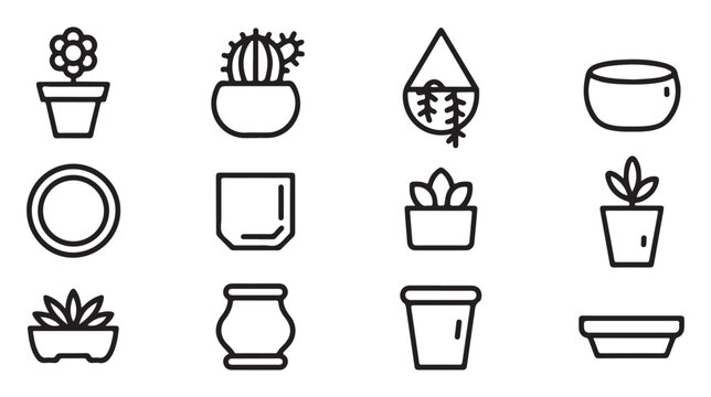 Assortment of potted plants and containers icons on white background, outline style