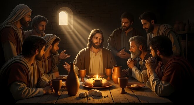Jesus sharing meal with disciples at table