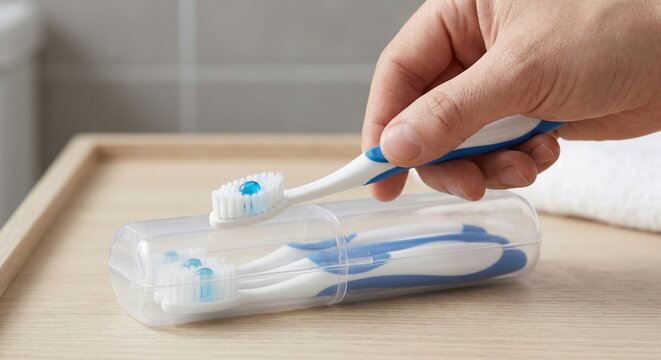 Mini disposable travel toothbrush being removed from case showing compact waterless oral care with no toothpaste needed for travel hygiene convenience and portable daily use