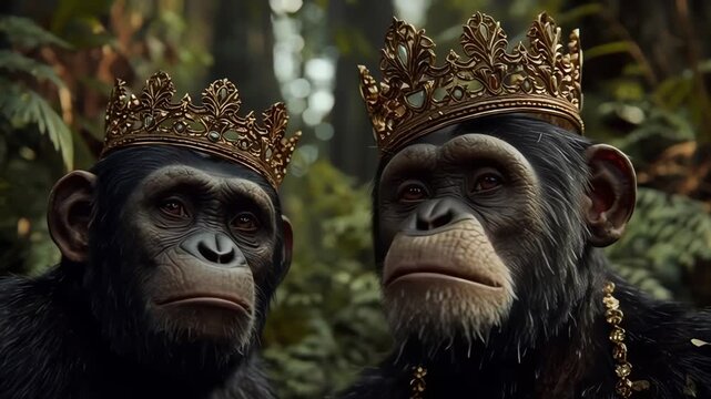 Chimpanzee Royalty Wearing Ornate Gold Crowns in the Jungle