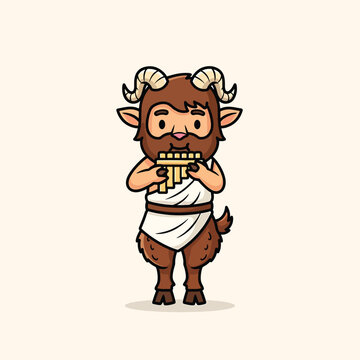 A cartoon satyr figure, with goat features, wearing a white cloth, and playing a pan flute, on a cream colored background