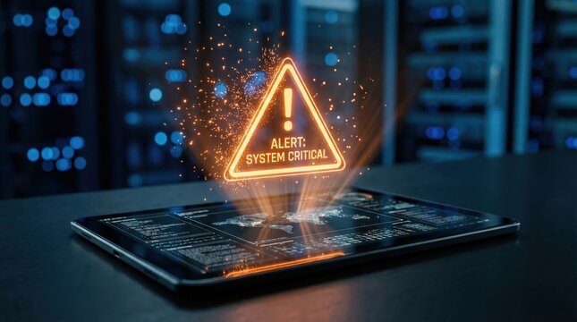 Cybersecurity breach concept with system critical alert hologram on tablet. Data center security and IT infrastructure failure monitoring.