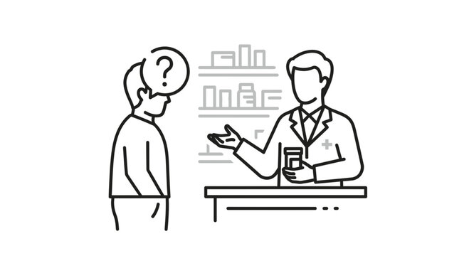 Confused patient asking pharmacist for help with medication at pharmacy counter