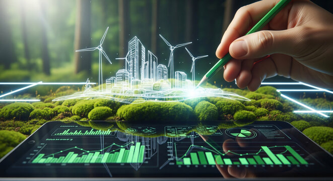 Conceptual image of a hand drawing a sustainable smart city with wind turbines on a mossy landscape, alongside a tablet displaying green environmental data.