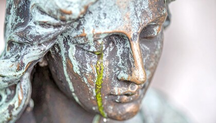 Fototapeta premium Close-up of an aged bronze statue's face with green verdigris resembling tears.