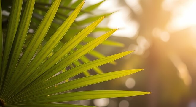 Close-up view of palm leaves with warm sunlight and soft background blur.