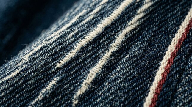 Extreme Macro Close Up Of High Quality Selvedge Denim Fabric Texture With White And Red Stitching Details
