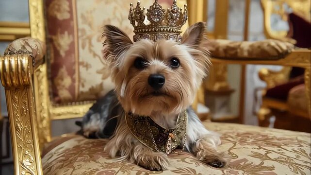 Regal Yorkshire Terrier wearing a golden crown on a royal throne