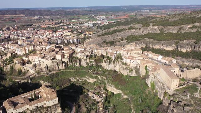 Drone view of the picturesque quarters of the city Cuenca. Castilla-La Mancha, Spain