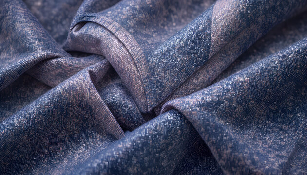 Close up of crumpled dark blue denim fabric with textured surface and soft folds