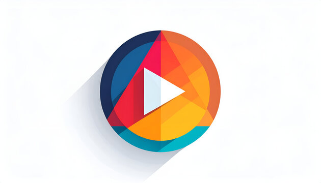 Colorful play button with geometric design and long shadow on white background