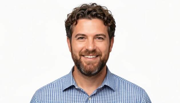 Smiling Bearded Man in Blue Checkered Shirt on White Background