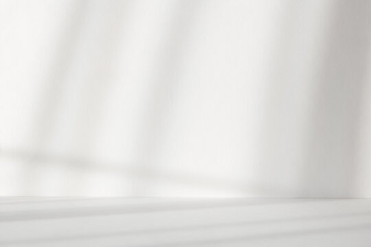 Abstract white studio background with shadows of window. Empty 3d gray room with copy space. Display product with blurred backdrop. Soft focus