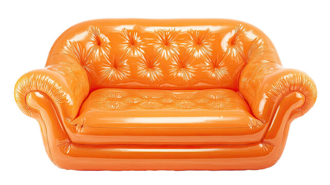 glossy orange inflatable sofa couch isolated modern furniture seating shiny plastic texture comfortable living room decor on white background