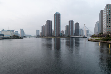 Fototapeta premium Tokyo waterfront cityscape with high-rise buildings and canal on a cloudy spring day