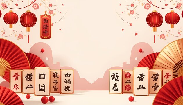 Festive Chinese New Year banner with mahjong tiles, red lanterns, floral details, and folding fans in an elegant traditional celebration layout.

