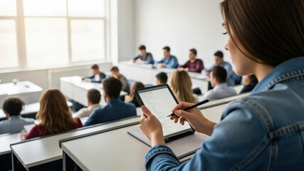 Fototapeta premium Caucasian female student using tablet for digital notetaking during university lecture