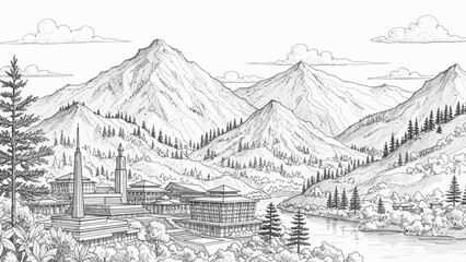 Fototapeta premium Detailed Black and White Architectural Landscape with Mountains and Buildings