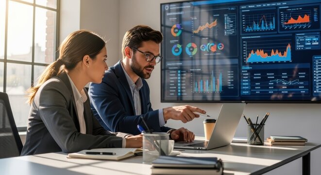 Professionals analyzing data on large digital screens in an office setting