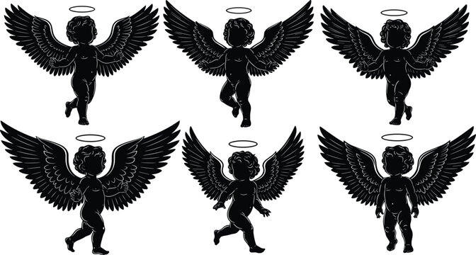 Collection of black cupid angel silhouettes with wings and halos isolated on white background, vintage cherub vector set for romantic Valentine's Day designs.