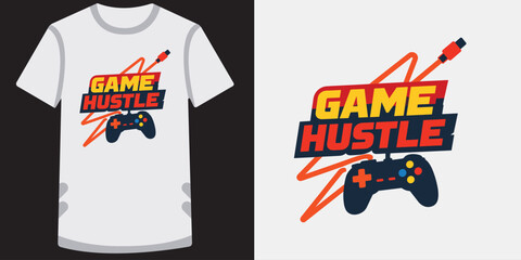 Creative stylish gaming tshirt design featuring vibrant game hustle text and colorful gamepad controller illustration perfect for gamers and esports enthusiasts © jubayer95