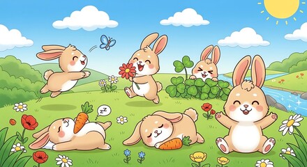 Naklejka premium Cute rabbits in grassy meadow with flowers
