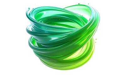 Swirling gradient green glossy form; abstract shape element on black background