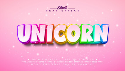Unicorn Text Effect Design Editable Vector Graphic Style with Colorful Rainbow 3d Typography on Pink Background. Customizable Mockup Template Illustration for Magic Greeting Card, Fantasy Banner Flyer