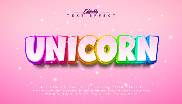Unicorn Text Effect Design Editable Vector Graphic Style with Colorful Rainbow 3d Typography on Pink Background. Customizable Mockup Template Illustration for Magic Greeting Card, Fantasy Banner Flyer